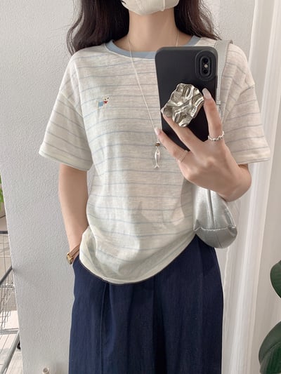 小狗刺繡撞色條紋T恤10