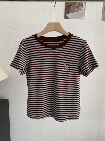 小馬刺繡撞色圓領條紋短袖T恤9