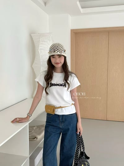 霧感刺繡字母修身雪花竹節棉短T12