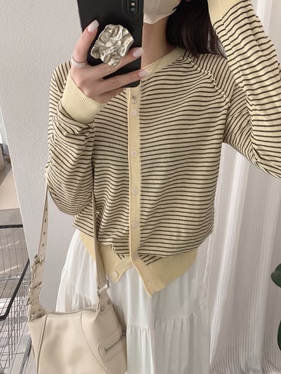春日細條紋針織開襟外套12
