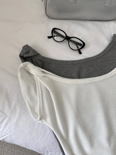 斜肩微露鎖骨針高腰垂墜寬褲兩件組20