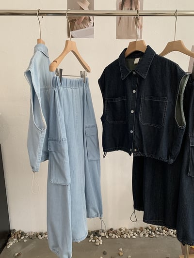 襯領抽繩短版背心＋鬆緊腰工裝牛仔裙3