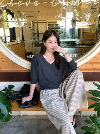 韓系條紋慵懶寬鬆直筒闊腿褲8