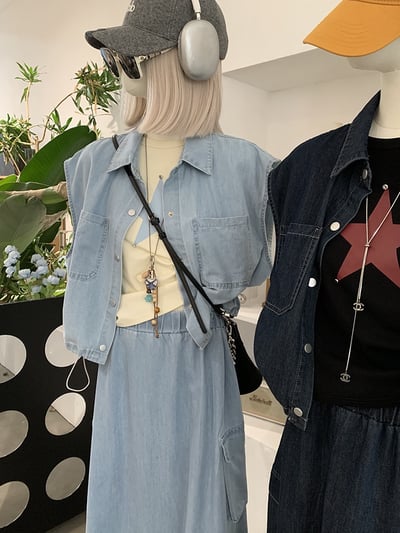 襯領抽繩短版背心＋鬆緊腰工裝牛仔裙6