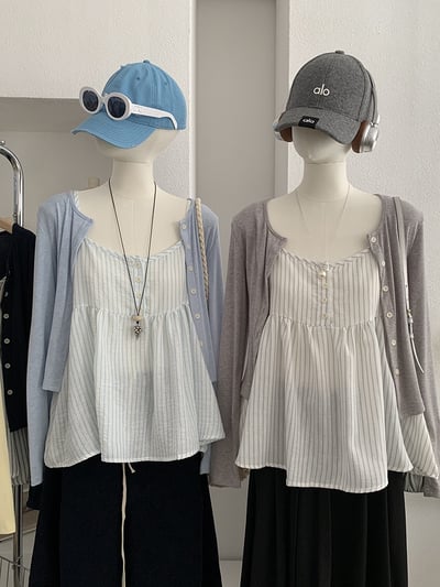 春日防曬針織開衫＋細肩條紋傘擺背心兩件套1