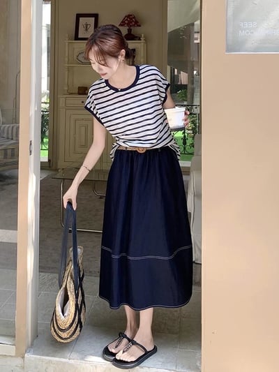 清新條紋×天絲牛仔裙套裝｜10