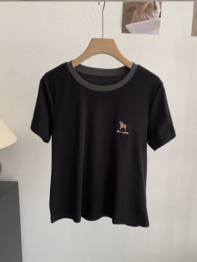小馬刺繡撞色圓領條紋短袖T恤6