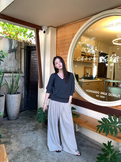 韓系條紋慵懶寬鬆直筒闊腿褲5