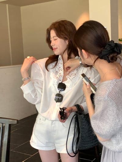 檸檬家#甜美蕾絲拼接翻領襯衫2