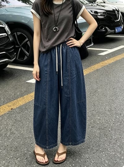 慵懶鬆緊腰牛仔寬褲4