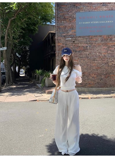 斜肩微露鎖骨針高腰垂墜寬褲兩件組4