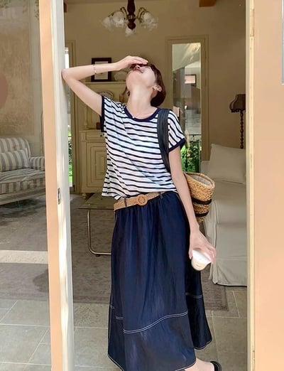 清新條紋×天絲牛仔裙套裝｜3