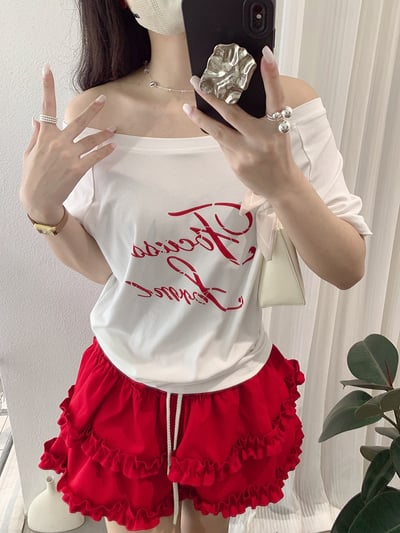 設計感斜領字母短袖T22