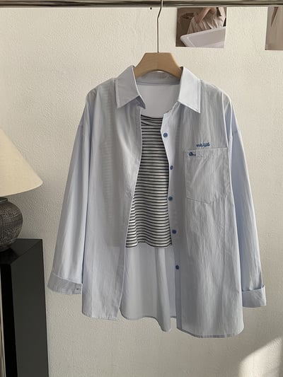 刺繡字母條紋襯衫+背心9