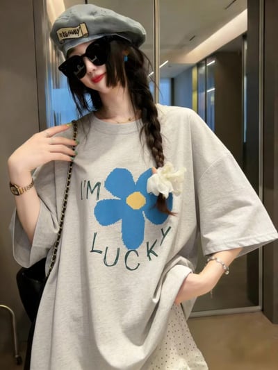 韓系藍花幸運感寬鬆T6