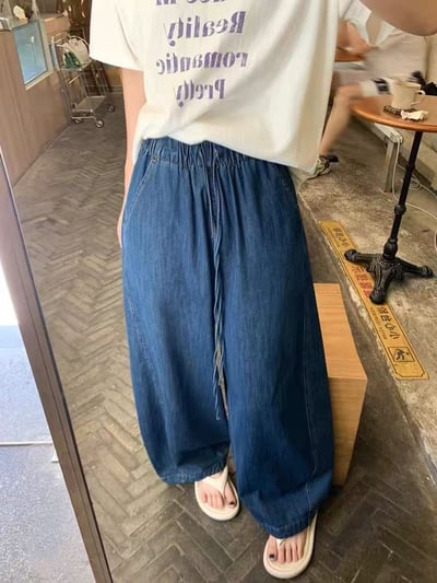 韓系慵懶直筒抽繩牛仔寬褲3