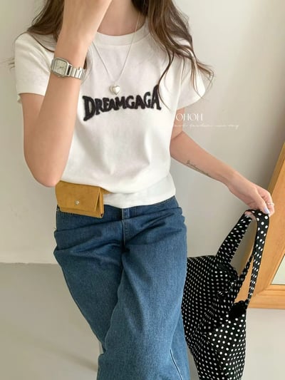 霧感刺繡字母修身雪花竹節棉短T6