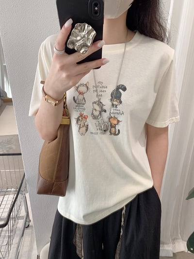 韓系五隻貓插畫寬鬆T恤15