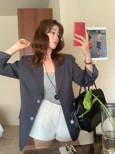 檸檬家#春日氣質裸粉修身西裝外套7