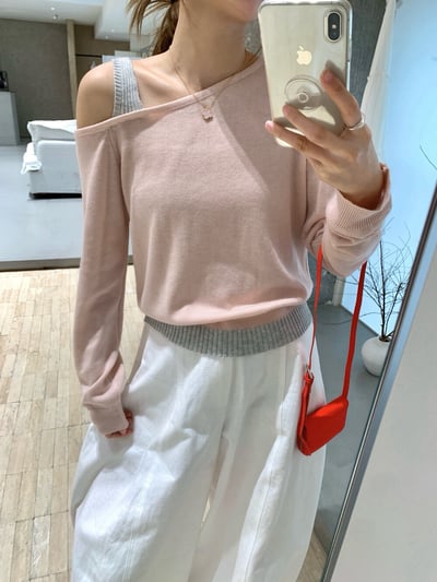 斜肩設計撞色假兩件輕薄針織上衣4