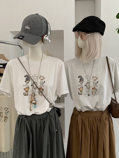 韓系五隻貓插畫寬鬆T恤2