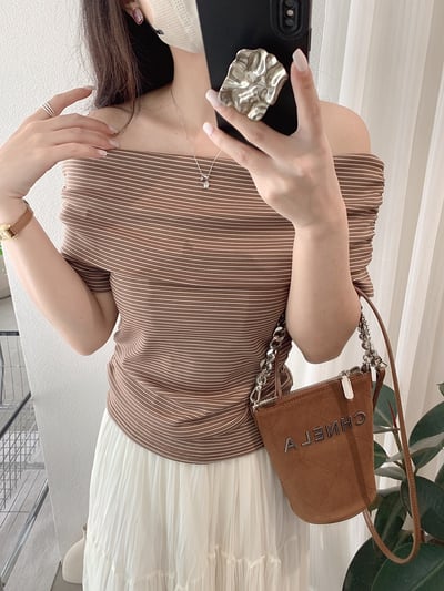 純欲風一字領細條紋修身上衣13