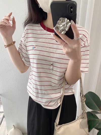 小狗刺繡撞色條紋T恤12