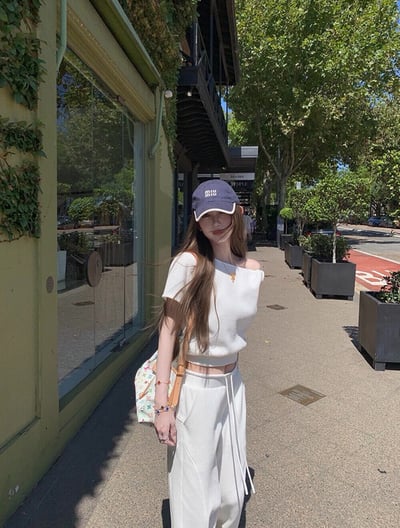 斜肩微露鎖骨針高腰垂墜寬褲兩件組6