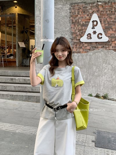 夏日撞色小熊刺繡T｜清新感減齡百搭款1