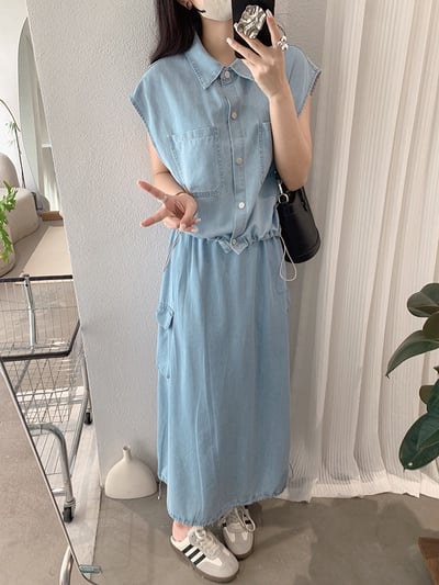 襯領抽繩短版背心＋鬆緊腰工裝牛仔裙12