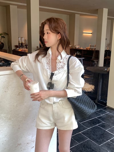 檸檬家#甜美蕾絲拼接翻領襯衫10