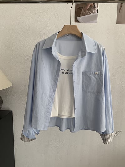 清新撞色袖口襯衫＋字母背心兩件套7