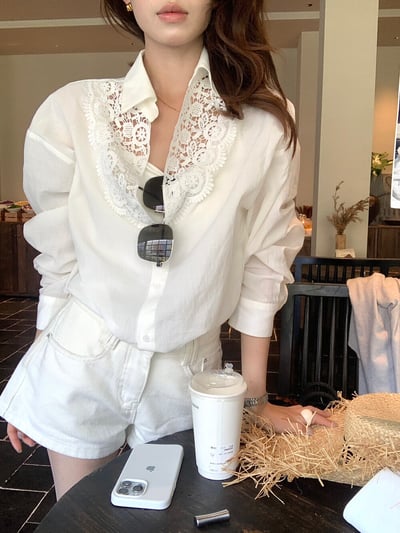檸檬家#甜美蕾絲拼接翻領襯衫3
