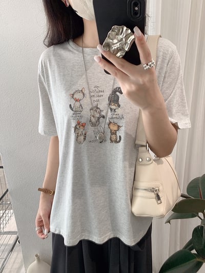 韓系五隻貓插畫寬鬆T恤13
