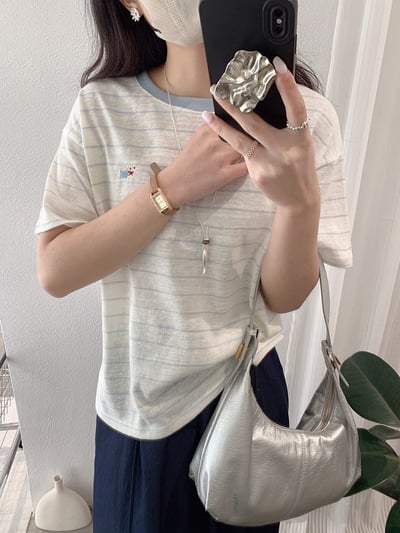 小狗刺繡撞色條紋T恤14