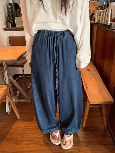 韓系慵懶直筒抽繩牛仔寬褲4