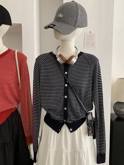 春日細條紋針織開襟外套5