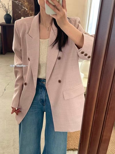 早春奶油黃氣質雙排釦西裝外套2