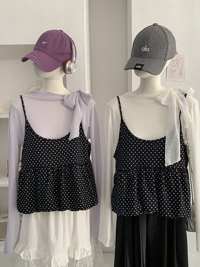 甜感小波點荷葉吊帶上衣兩件套1