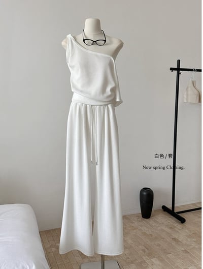 斜肩微露鎖骨針高腰垂墜寬褲兩件組11