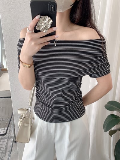 純欲風一字領細條紋修身上衣11