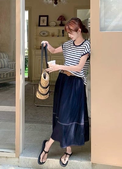 清新條紋×天絲牛仔裙套裝｜2