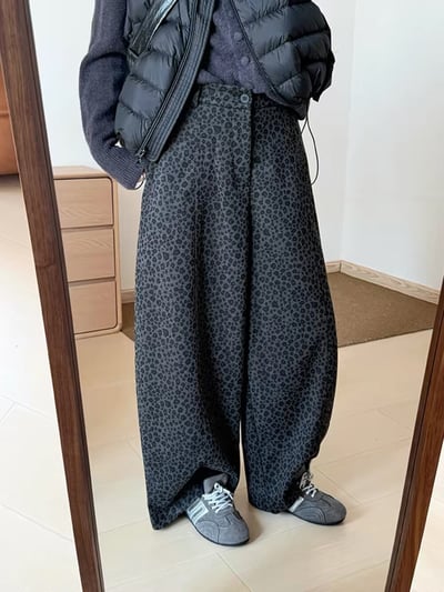 率性豹紋寬版顯瘦垂墜感彎刀褲2