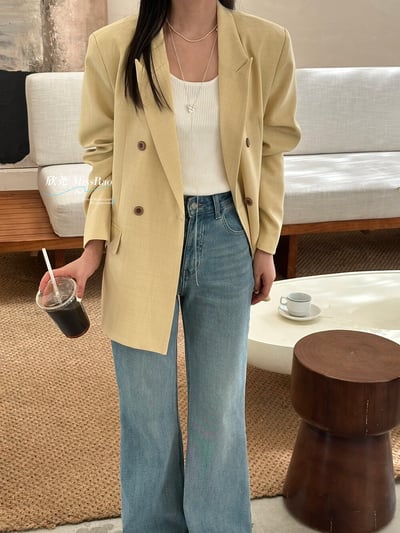 早春奶油黃氣質雙排釦西裝外套1