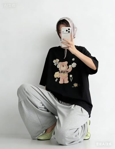 韓系小熊花朵印花寬鬆T4