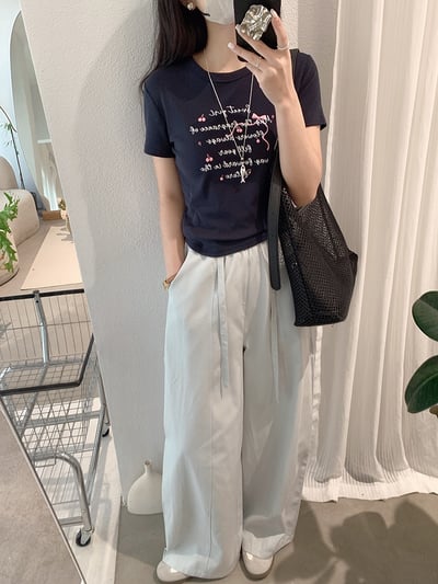 鬆緊腰綁帶垂感彎刀寬褲12