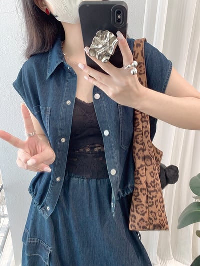 襯領抽繩短版背心＋鬆緊腰工裝牛仔裙8