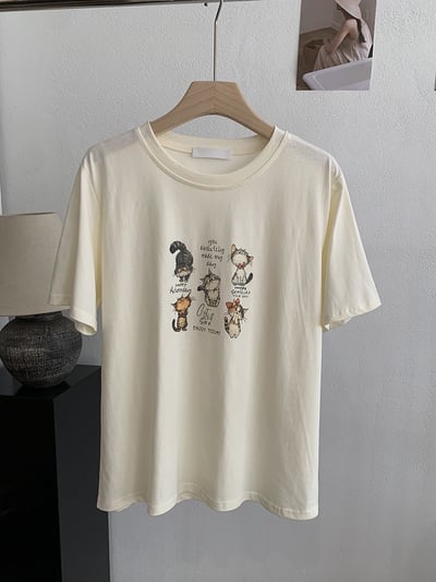 韓系五隻貓插畫寬鬆T恤7