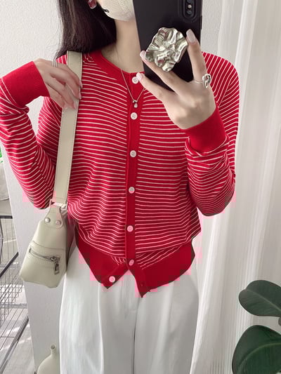 春日細條紋針織開襟外套10