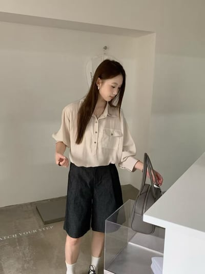 Kahlo｜韓系慵懶混棉麻口袋襯衫2
